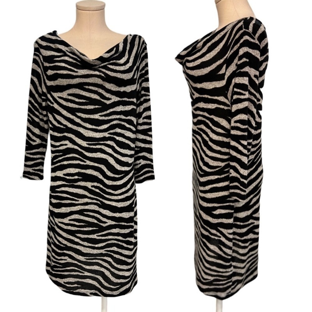 Michael Kors Lightweight Zebra Print Sweater Dress with Cowl Neck